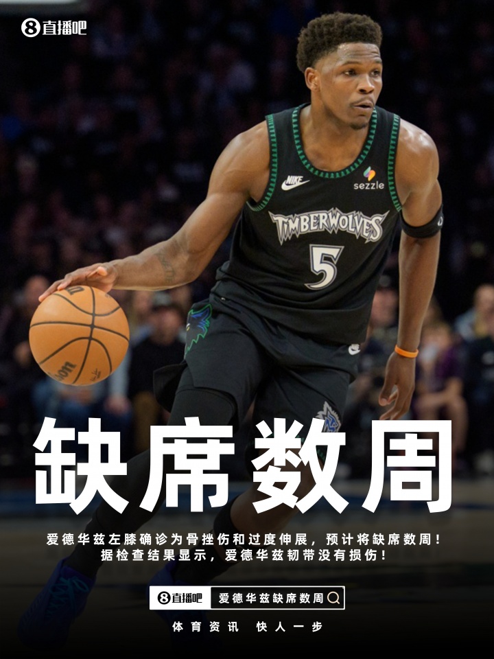 华体会部门-Shams：爱德华兹左膝骨挫伤&amp;过度伸展将缺席数周！但韧带无损伤！